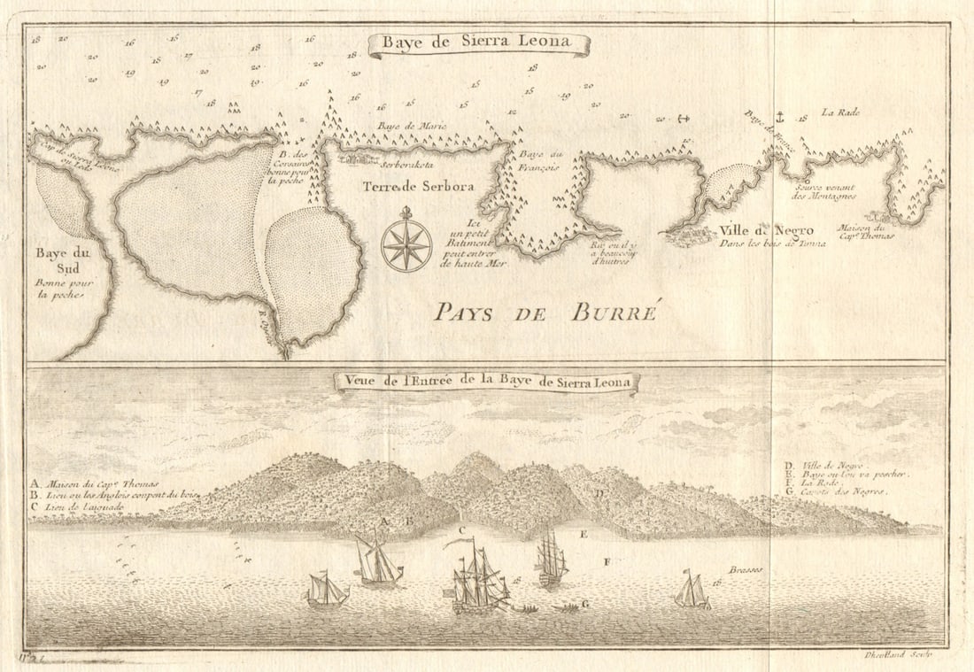 Baye de Sierra Leona'. North shore of Freetown, Sierra Leone. BELLIN 1746 map: Baye de Sierra Leona // Vue de l’Entrée de la Baye de Sierra Leona [Bay of Sierra Leone // View of the entrance to the bay of Sierra Leone] by Bellin, Jacques-Nicolas. Published 1746. Antiq