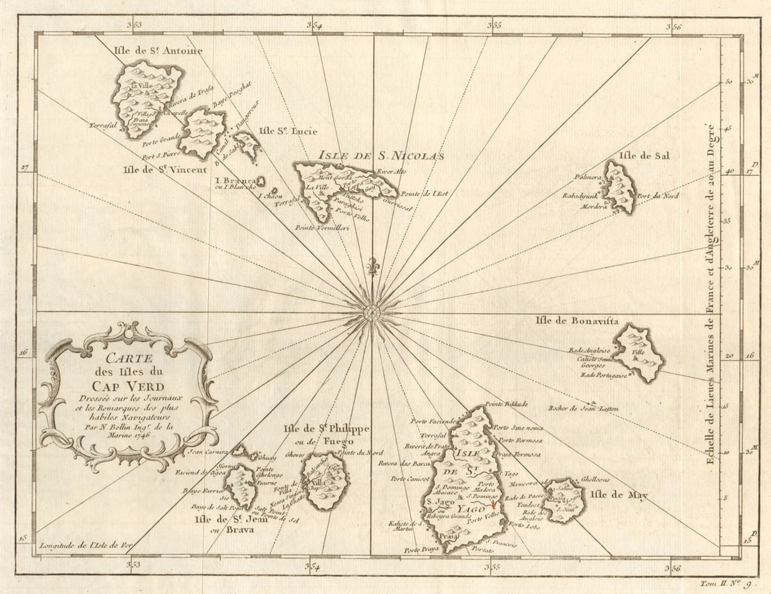Carte des Isles du Cap-Verd'. Cape Verde islands. Sal Santiago. BELLIN 1746 map: Carte des Isles du Cap-Verd, dressée sur les Journaux et les Remarques des plus habiles Navigateurs [Map of the Cap Verde islands] by Bellin, Jacques-Nicolas. Published 1746. Antique copperplate