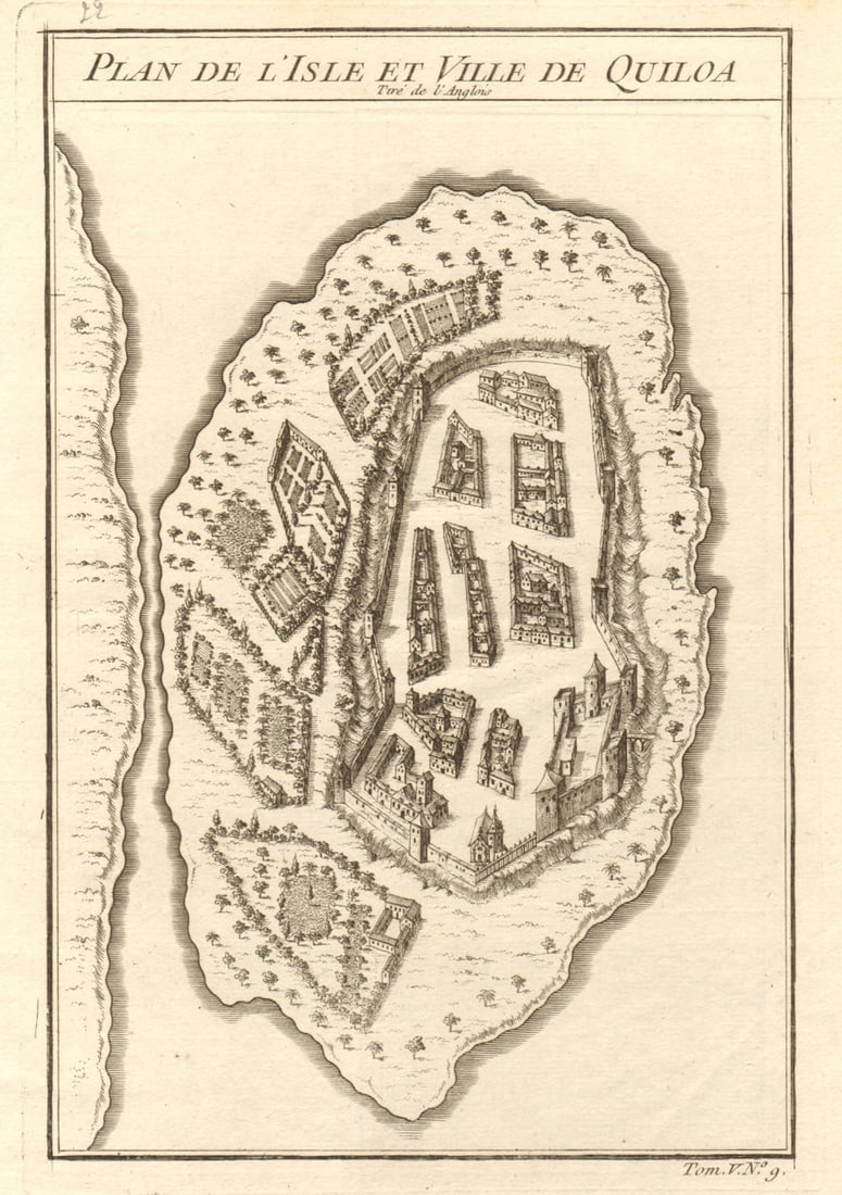 I'Isle et Ville de Quiloa'. Kilwa Kisiwani island, Tanzania. BELLIN 1748 map (1 of 1)