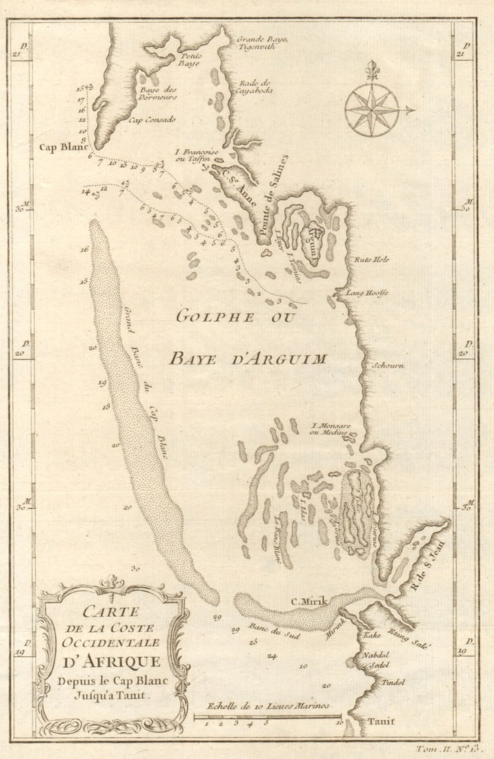 Coste Occidentale d’Afrique…' Arguin Bay Cap Blanc Mauritania. BELLIN 1746 map: Carte de la Coste Occidentale d’Afrique, depuis le Cap-Blanc jusqu’a Tanit [Map of the west coast of Africa, from Cape Blanc to Tanit] by Bellin, Jacques-Nicolas. Published 1746. Antique c