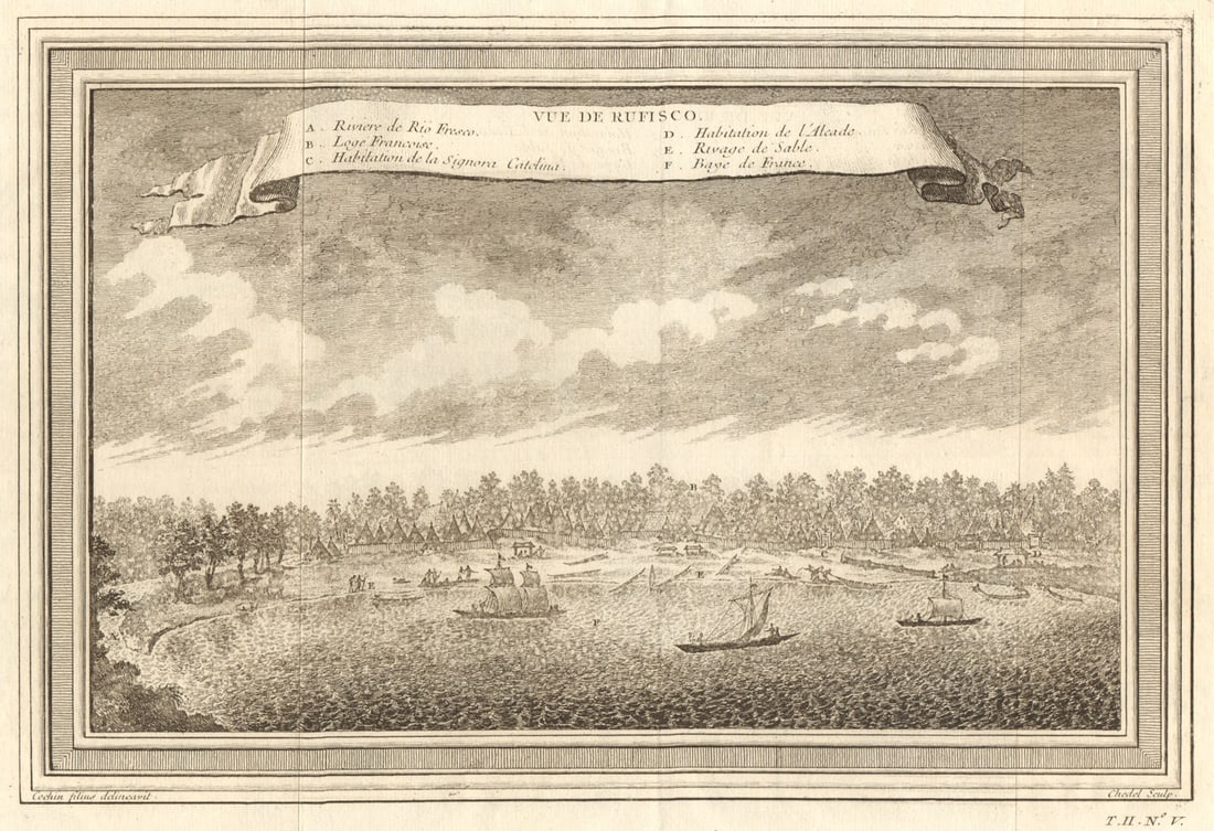 Vue de Rufisco'. View of Rufisque, Dakar, Senegal 1746 old antique print: Vue de Rufisco [View of Rufisque]. Cochin filius. Chedel Sculp. Published 1746. Antique copperplate print. Size 20 x 29 cm | 8.0 x 11.5 inches. Condition: Good; suitable for framing. The image shown m