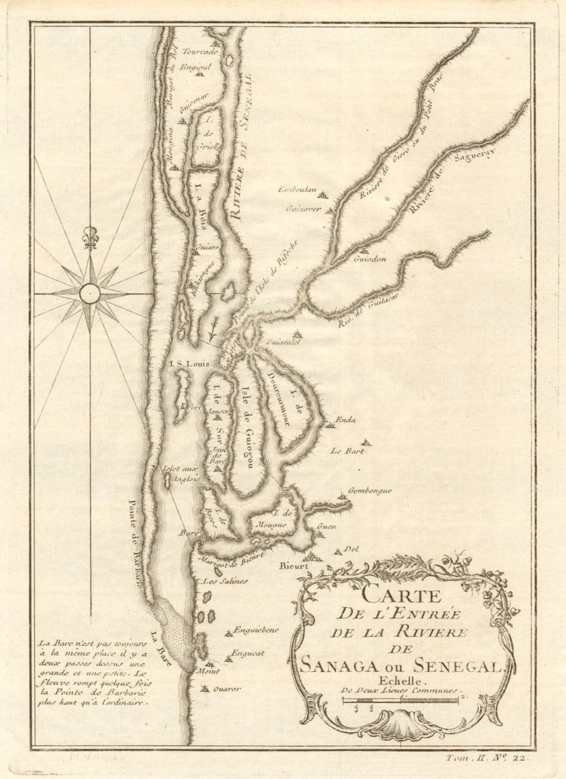 Carte de I'Entrée de la Rivière de Sanaga ou Senegal'. St Louis BELLIN 1746 map: Carte de I'Entrée de la Rivière de Sanaga ou Sénégal [Map of the mouth of the Senegal River] by Bellin, Jacques-Nicolas. Published 1746. Antique copperplate map. Size 24 x 17 cm |