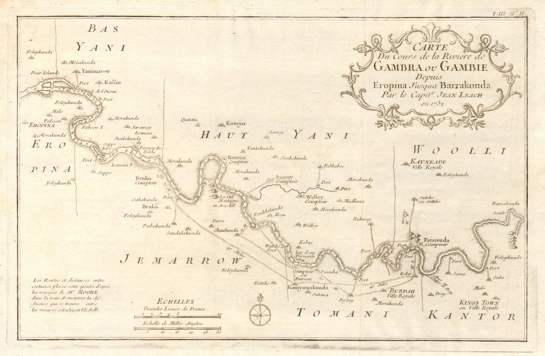 Rivière de Gambra ou Gambie, depuis Eropina…' Gambia river. BELLIN 1747 map: Carte du cours de la Rivière de Gambra ou Gambie, depuis Eropina jusqu’à Barakonda par le Capite. Jean Leach en 1732 [Map of the course of the Gambia, from Eropina to Barra Kunda falls