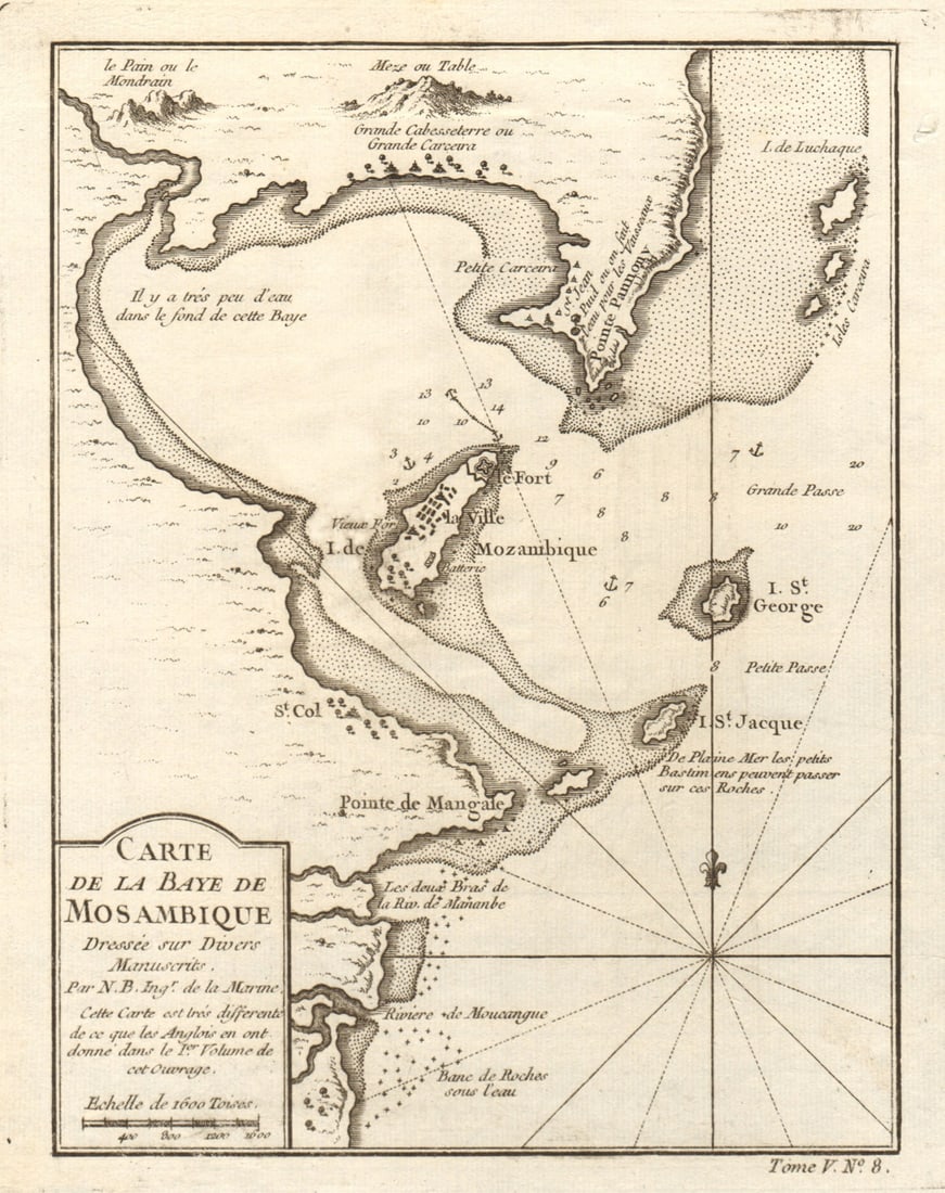La Baye de Mozambique' island. Mossuril Bay. Ilha de Moçambique BELLIN 1748 map: Carte de la Baye de Mozambique, dressée sur divers manuscrits [Map of Mossuril Bay & Mozambique island] by Bellin, Jacques-Nicolas. Published 1748. Antique copperplate map. Size 23 x 18 cm |