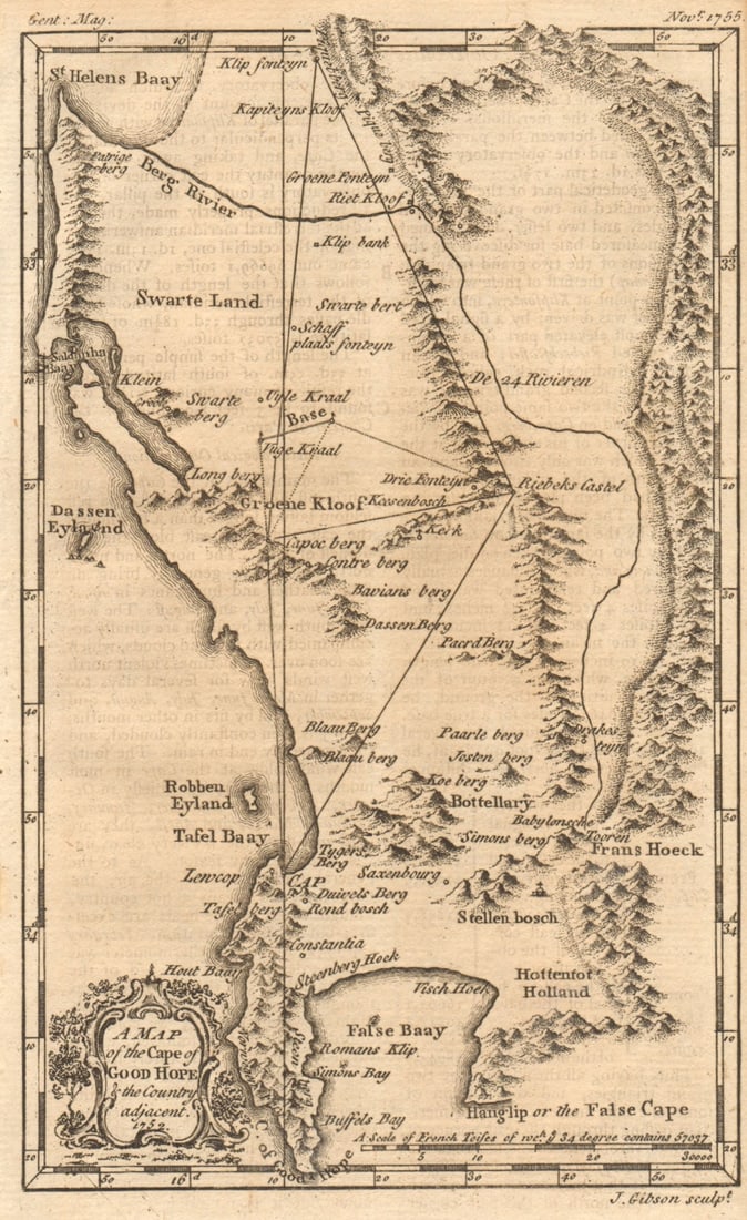 The Cape of Good Hope & country adjacent 1752. South Africa. GIBSON 1755 map: A map of the Cape of Good Hope & country adjacent 1752' by Gibson, John. Published 1755. Antique copperplate map. Size 20 x 12 cm | 7.5 x 4.5 inches. Condition: Good; suitable for framing. The ima