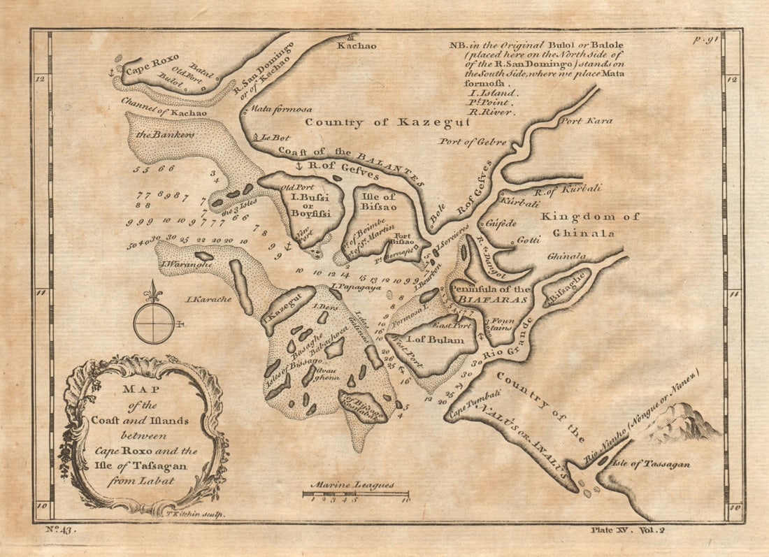 Coast & Islands between Cape Roxo. Guinea-Bissau & Bissagos. KITCHIN 1745 map (1 of 1)