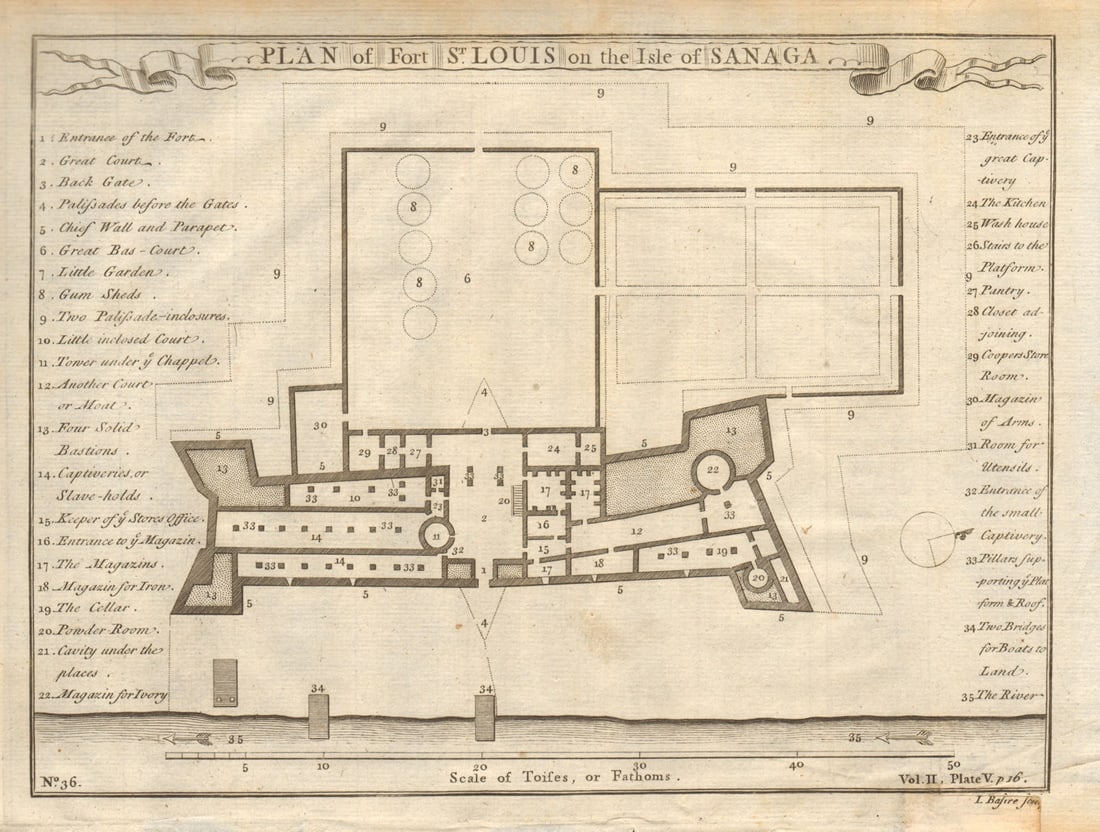 Plan of Fort Saint-Louis on the Isle of Sanaga. Senegal. BASIRE 1745 old map: A plan of Fort St. Louis on the Isle of Sanaga'. Isaac Basire Sculp. Published 1745. Antique copperplate map. Size 20 x 26 cm | 7.5 x 10.0 inches. Condition: Good; suitable for framing. Please check t
