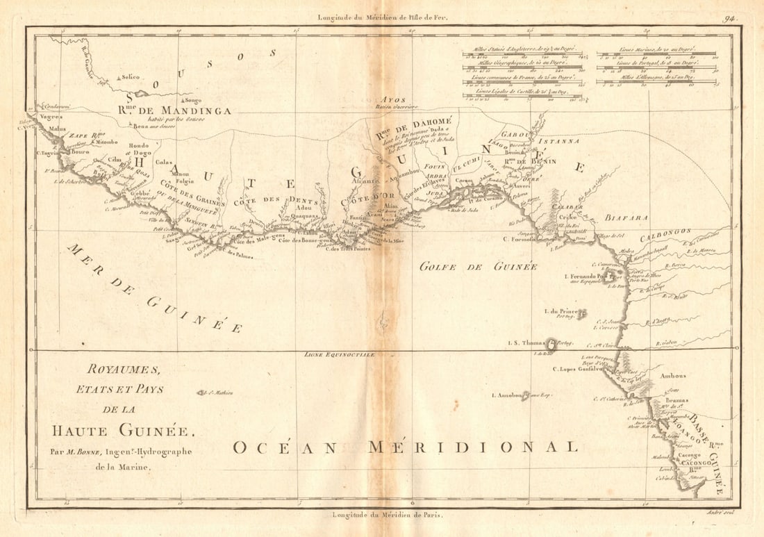 Royaumes, Etats et Pays de la Haute Guinée. Gulf of Guinea. BONNE 1788 old map: Royaumes, Etats et Pays de la Haute Guinée [The Kingdoms, States and Countries of Upper Guinea] by Bonne, Rigobert. Published 1788. Antique 18th century copperplate map. Size 25 x 36 cm | 10.0 x