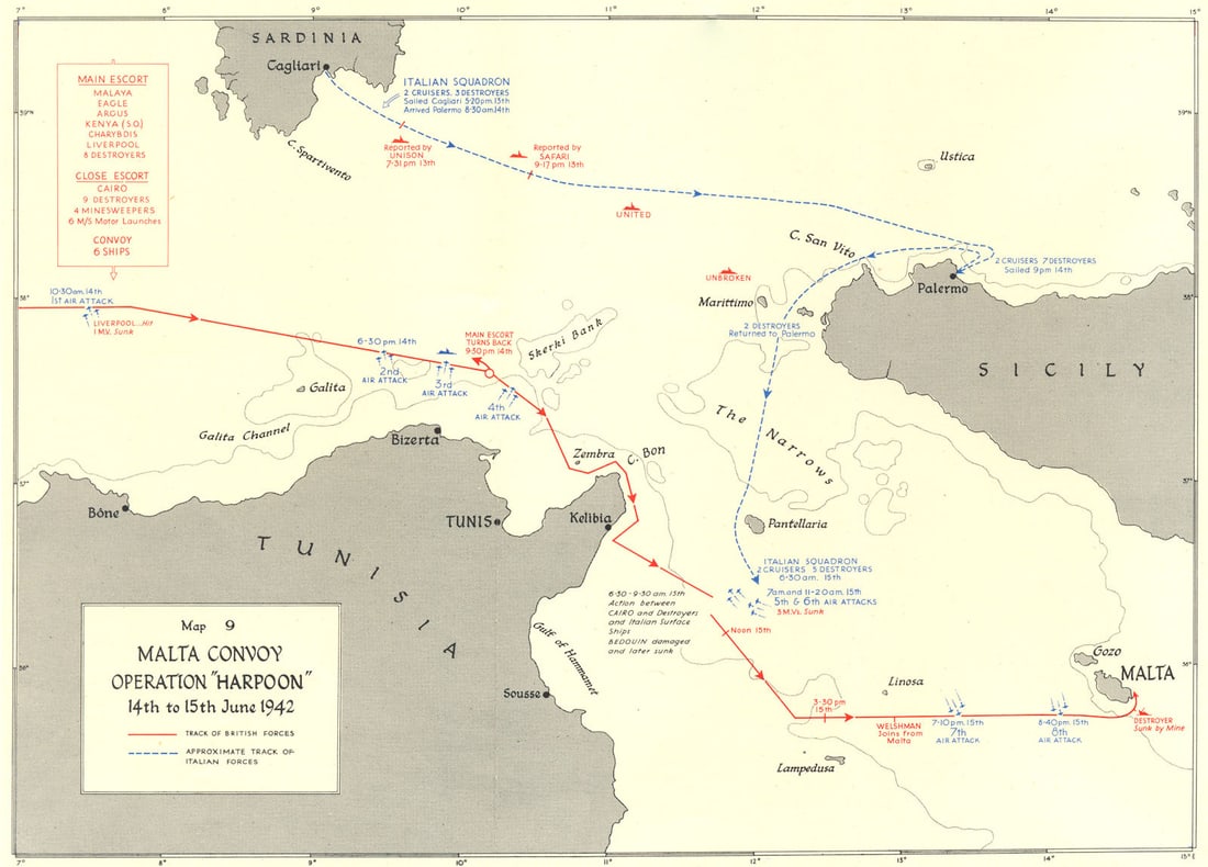AFRICAN CAMPAIGNS. Malta Convoy operation Harpoon June 1942 1956 old map: Map 9. Malta Convoy operation "Harpoon" 14th to 15th June 1942' by HMSO. Published 1956. Colour vintage map. This map was published in 1956 but it may depict an earlier representation of the area show
