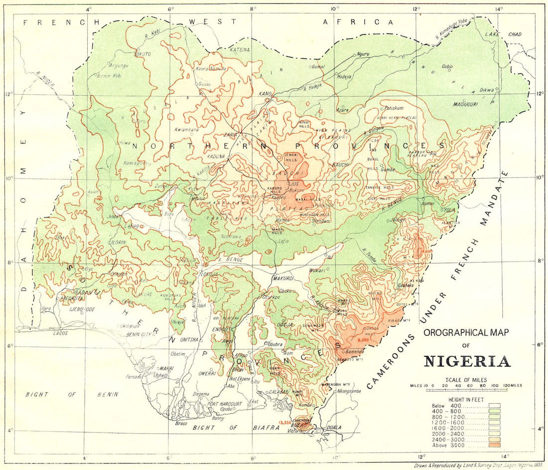 NIGERIA. Orographical Map of Nigeria 1936 old vintage plan chart: Orographical Map of Nigeria'. Drawn & Reproduced by Land & Survey Department, Lagos, Nigeria. Published 1936. Colour vintage map. Size 22 x 26 cm | 8.5 x 10.0 inches. Condition: Good; suitable for fra