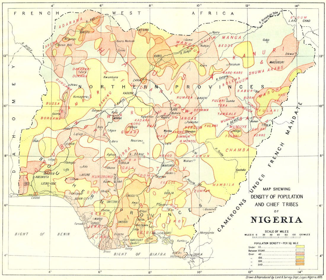 NIGERIA. Map density of population & chief tribes 1936 old vintage chart (1 of 1)