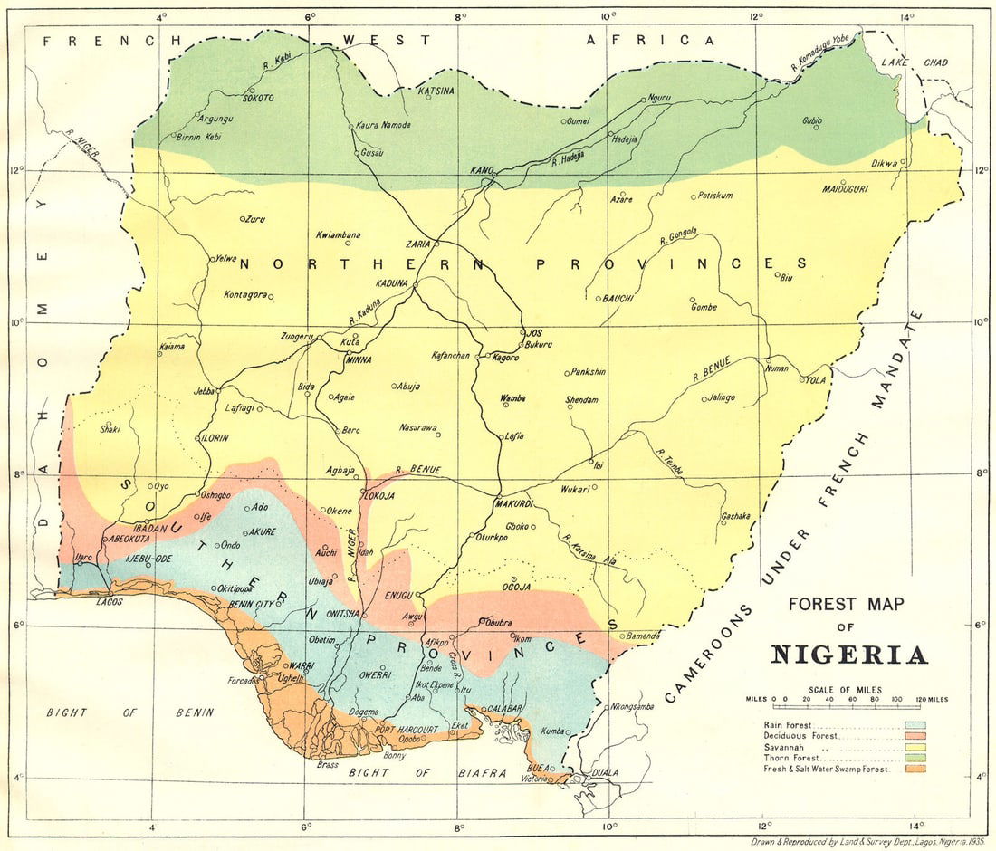 NIGERIA. Forest Map of Nigeria 1936 old vintage plan chart: Forest Map of Nigeria'. Drawn & Reproduced by Land & Survey Department, Lagos, Nigeria. Published 1936. Colour vintage map. Size 22 x 26 cm | 8.5 x 10.0 inches. Condition: Good; suitable for framing.