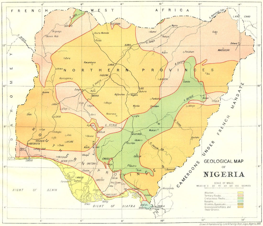 NIGERIA. Geological Map of Nigeria 1936 old vintage plan chart: Geological Map of Nigeria'. Drawn & Reproduced by Land & Survey Department, Lagos, Nigeria. Published 1936. Colour vintage map. Size 22 x 25 cm | 8.5 x 10.0 inches. Condition: Good; suitable for frami