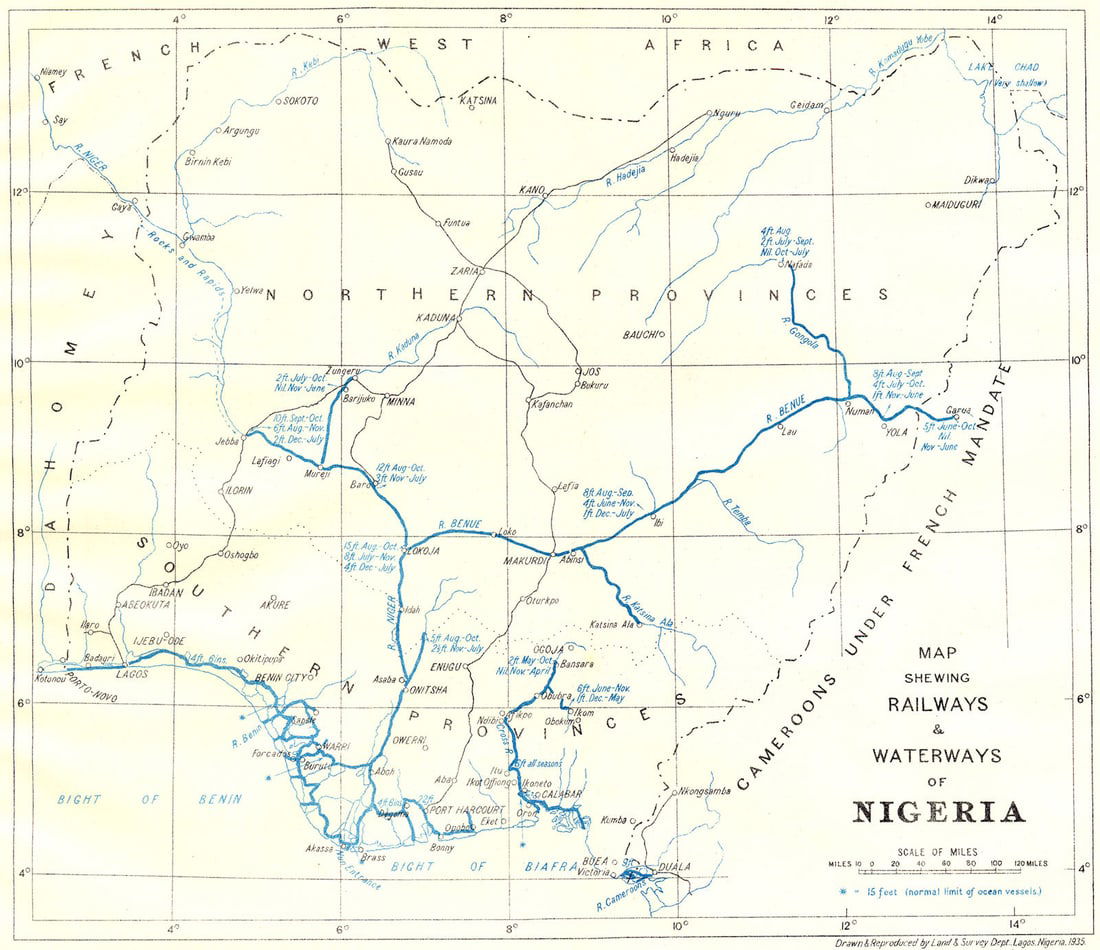 NIGERIA. Map shewing Railways & Waterways of Nigeria 1936 old vintage: Map shewing Railways & Waterways of Nigeria'. Drawn & Reproduced by Land & Survey Department, Lagos, Nigeria. Published 1936. Colour vintage map. Size 23 x 27 cm | 9.0 x 10.5 inches. Condition: Go