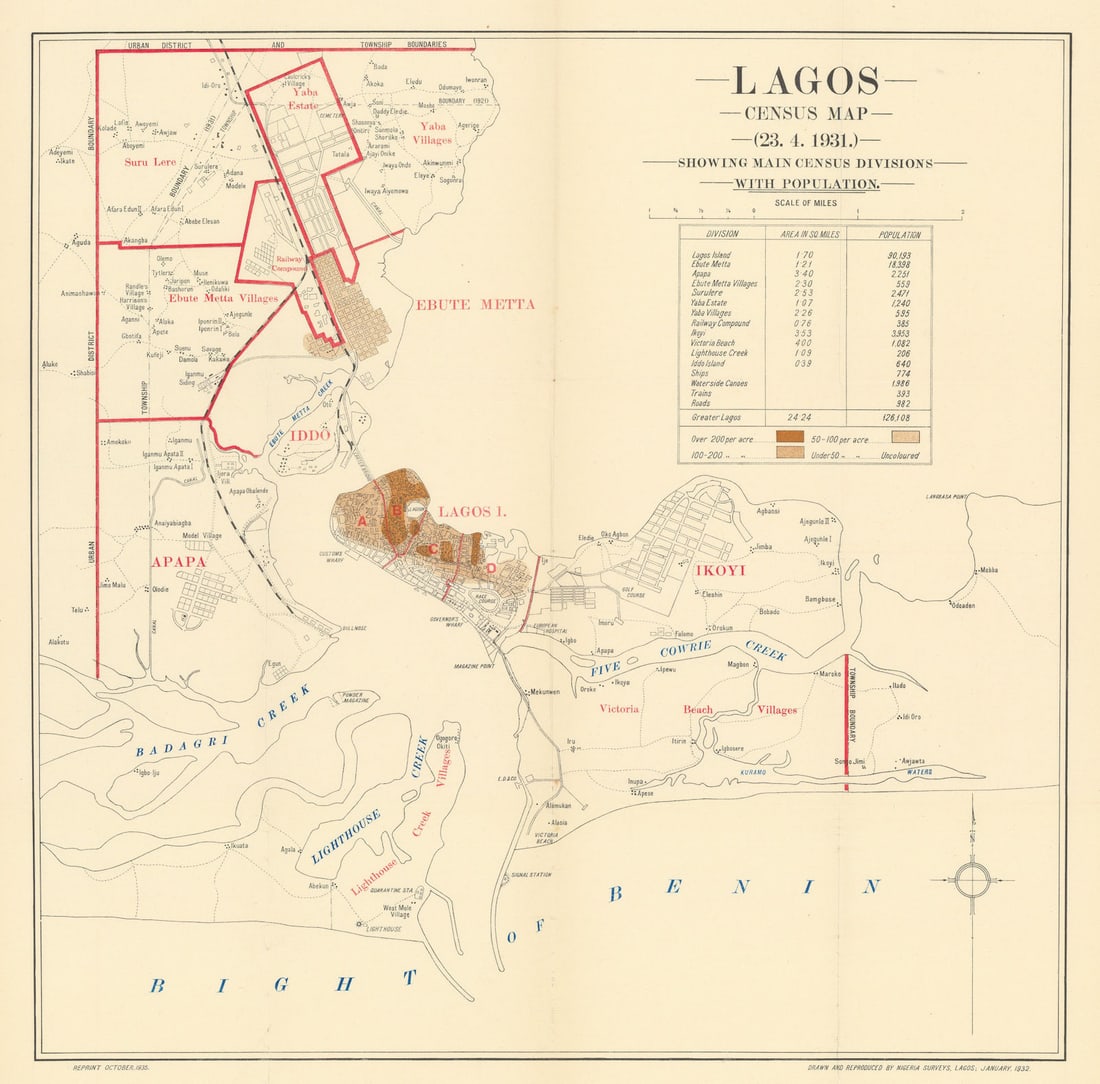LAGOS CITY PLAN. 1931 Census map main divisions population. Nigeria 1936: Lagos census map (23.4.1931) Showing main census divisions with population'. Drawn & Reproduced by Land & Survey Department, Lagos, Nigeria. Published 1936. Colour vintage map. This map was published