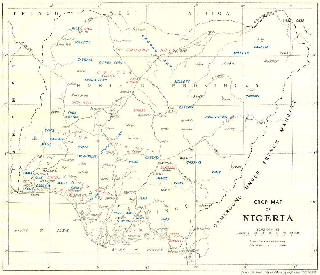 NIGERIA. Crop Map of Nigeria 1936 old vintage plan chart: Crop Map of Nigeria'. Drawn & Reproduced by Land & Survey Department, Lagos, Nigeria. Published 1936. Colour vintage map. Size 22 x 26 cm | 8.5 x 10.0 inches. Condition: Good; suitable for framing. Pl