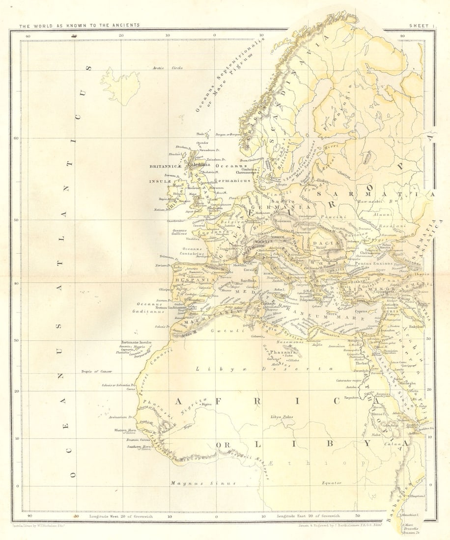 EUROPA. Ancient World sheet 1.Sarmatia Africa Gallia Hispania Germania 1864 map: Europa'. Engraved by J. Bartholomew F.R.G.S Edint. Published 1864. Antique colour map. Size 28 x 24 cm | 11.0 x 9.5 inches. Condition: Good; suitable for framing. Please check the scan for any blemish