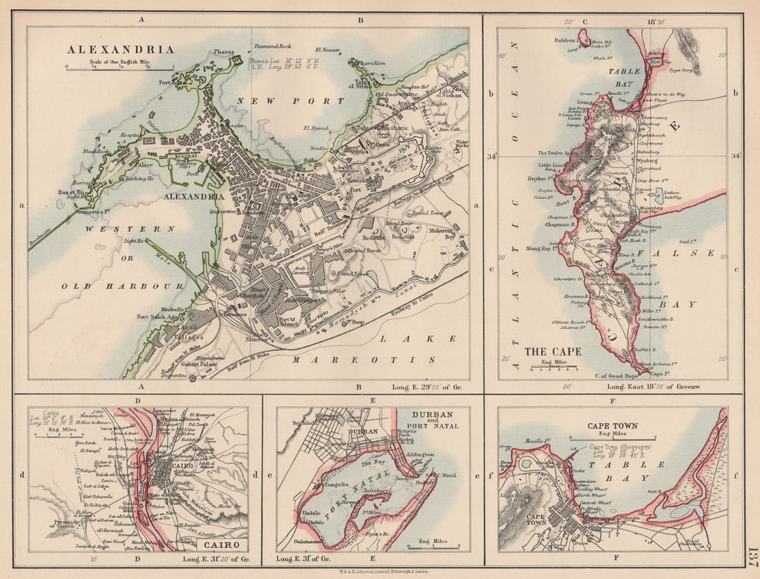 AFRICAN PORTS.Alexandria Cape Town Cairo Port Natal(Durban).JOHNSTON 1906 map: Alexandria; The cape; Cairo; Durban and Port Natal; Cape Town'. W. & A.K. Johnston, Limited Edinburgh & London. Published 1906. Antique colour map. Size 20 x 27 cm | 8.0 x 10.5 inches. Condition: Good