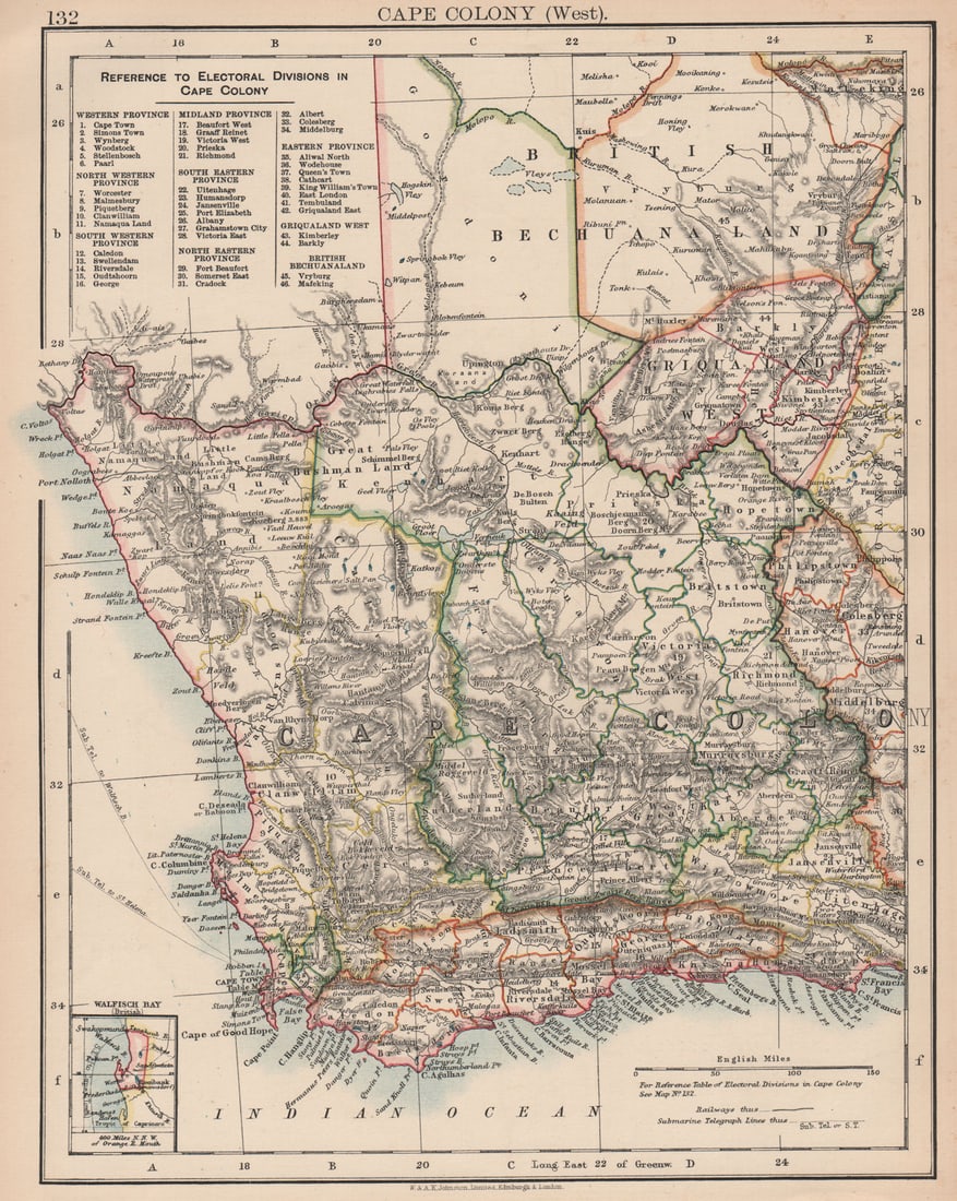 CAPE COLONY.Electoral divisions.South Africa.Inset Walvis Bay.JOHNSTON 1906 map: Cape Colony (West); Inset map of Walfisch Bay (British)'. W. & A.K. Johnston, Limited Edinburgh & London. Published 1906. Antique colour map. Size 27 x 22 cm | 10.5 x 8.5 inches. Condition: Good; suit