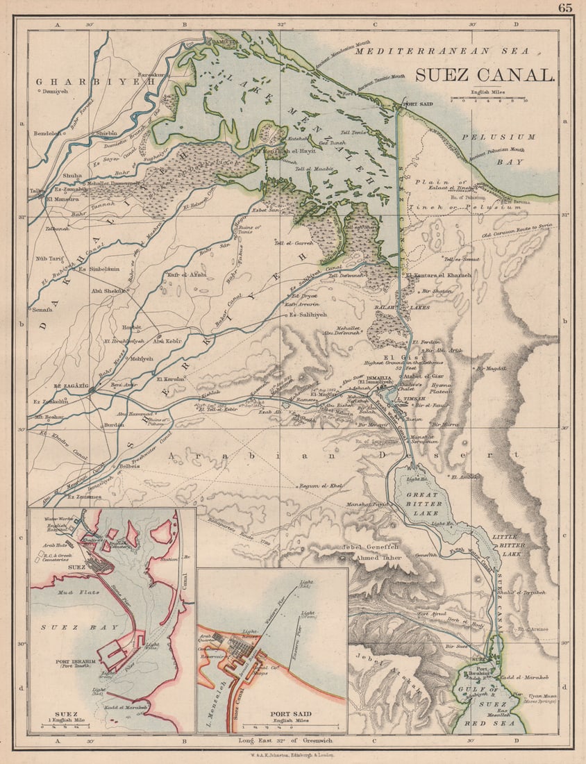 SUEZ CANAL. Plan of the canal. Plans of Suez & Port Said. JOHNSTON 1897 map: Suez Canal; Inset maps of Suez; Port Said'. W. & A.K. Johnston. Published 1897. Antique colour map. Size 27 x 20 cm | 10.5 x 8.0 inches. Condition: Good; suitable for framing. The image shown may have