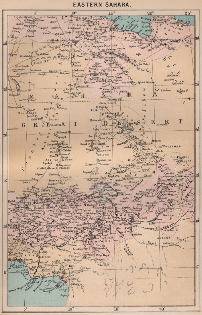 Eastern Sahara. Africa. Libya Niger Algeria Chad Nigeria 1885 old antique map: Eastern Sahara'. Engraved for Élisée Reclus. Published 1885. Antique colour map. Size 24 x 15 cm | 9.5 x 6.0 inches. Condition: Good; suitable for framing. Please check the scan for any blem