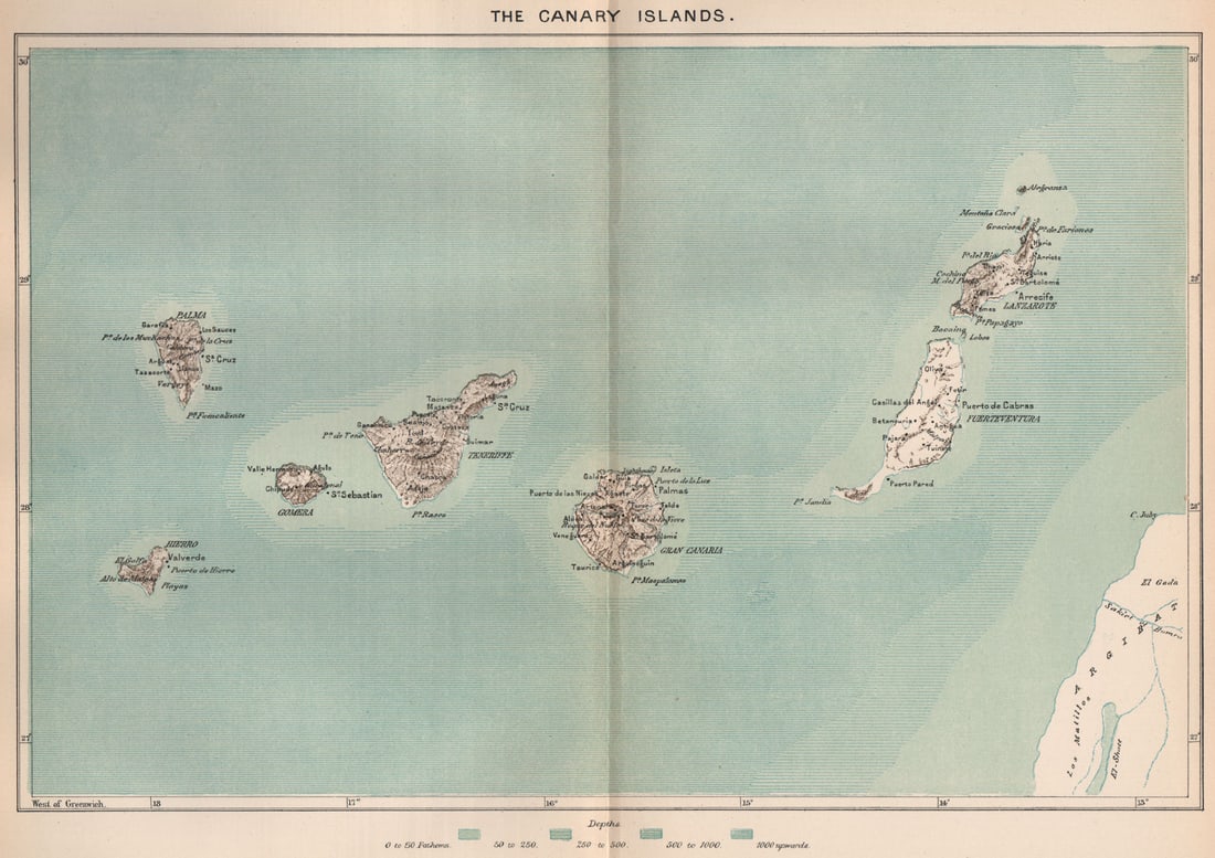 The Canary Islands. Spain. West African Islands 1885 old antique map chart: The Canary Islands'. Engraved for Élisée Reclus. Published 1885. Antique colour map. Size 23 x 33 cm | 9.0 x 13.0 inches. Condition: Good; suitable for framing. Please check the scan for any