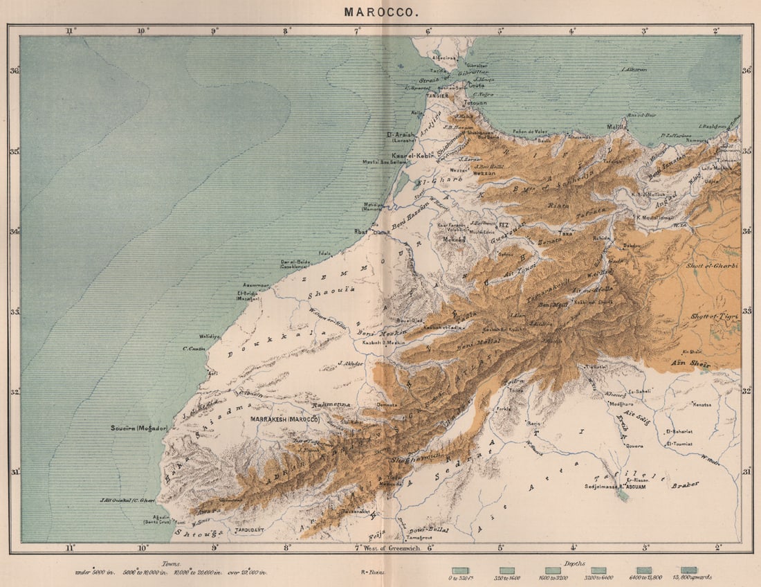 Marrakech. Morocco 1885 old antique vintage map plan chart: Marocco'. Engraved for Élisée Reclus. Published 1885. Antique colour map. Size 22 x 28 cm | 8.5 x 11.0 inches. Condition: Good; suitable for framing. Please check the scan for any blemishes
