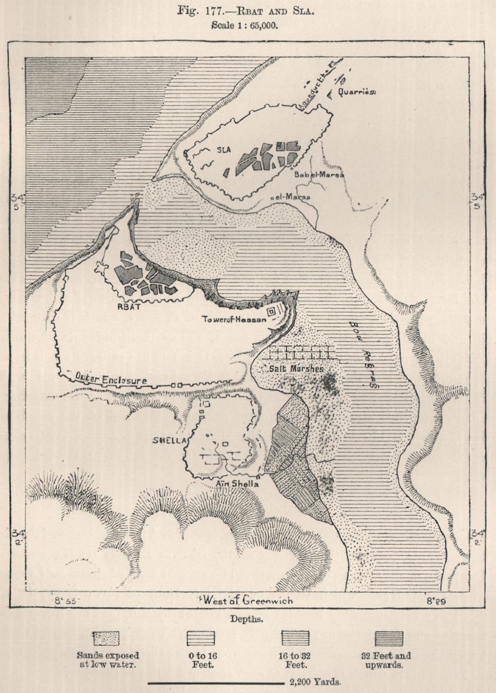 Rabat and Sale. Salé (Sala/Rabat) . Morocco 1885 old antique map plan chart: Rbat and Sla'. Engraved for Élisée Reclus. Published 1885. Antique wood-engraved map. Scale 1:65,000. Size 17 x 12 cm | 6.5 x 4.5 inches. Condition: Good; suitable for framing. Please check