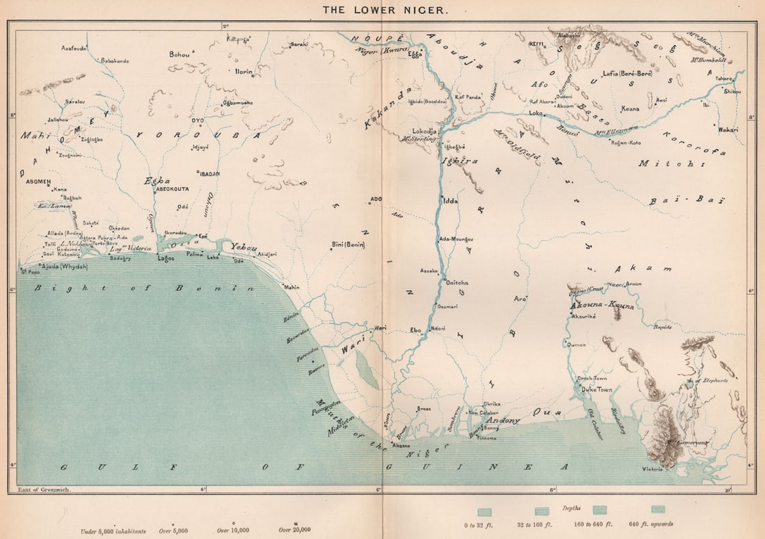 The lower Niger. Nigeria. The Niger Basin 1885 old antique map plan chart: The lower Niger'. Engraved for Élisée Reclus. Published 1885. Antique colour map. Size 23 x 33 cm | 9.0 x 13.0 inches. Condition: Good; suitable for framing. Please check the scan for any bl