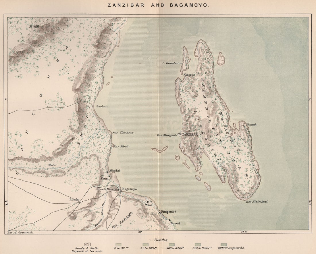 Zanzibar and Bagamoyo. Tanzania. German East Africa 1885 old antique map chart: Zanzibar and Bagamoyo'. Engraved for Élisée Reclus. Published 1885. Antique colour map. Size 24 x 30 cm | 9.5 x 11.5 inches. Condition: Good; suitable for framing. Please check the scan for