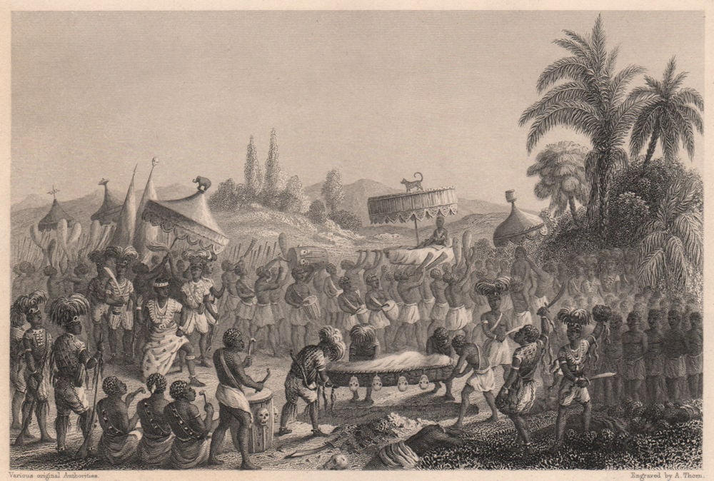 Rites at funeral of Ashanti Chief. Fetishism. Ghana 1840 old antique print: Rites at funeral of Ashantee chief. Fetishism'. Engraved by A. Thom. Published 1840. Antique steel-engraved print. Size 11 x 16 cm | 4.0 x 6.5 inches. Condition: Good; suitable for framing. The image