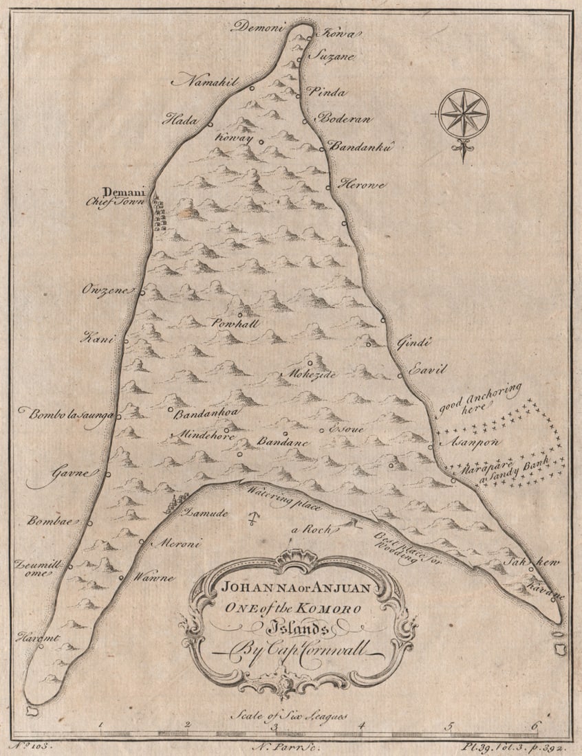 ANJOUAN ISLAND, COMOROS. 'Johanna or Anjuan, one of the Komoro Islands' 1746 map: Johanna or Anjuan one of the Komoro Islands'. Capt. Cornwall; N. Parr sculpt. Published 1746. Antique copperplate map. Size 22 x 17 cm | 8.5 x 6.5 inches. Condition: Good; suitable for framing. The im