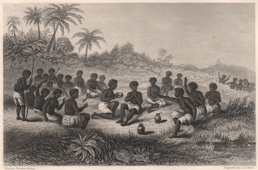 The Red Water Ordeal, as practised among the nations of northern Guinea 1840: The Red Water Ordeal, as practised among the nations of northern Guinea'. Engraved by J. Le Conte. Published 1840. Antique steel-engraved print. Size 11 x 16 cm | 4.0 x 6.5 inches. Condition: Good; su