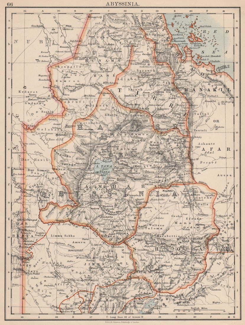 HABESH or ABYSSINIA. Tigre Amhara Shoa Godjam. Ethiopia. JOHNSTON 1895 old map: Abyssinia'. W. & A.K. Johnston, Limited, Edinburgh & London. Published 1895. Antique colour map. Size 28 x 21 cm | 11.0 x 8.5 inches. Condition: Good; suitable for framing. The image shown may have be