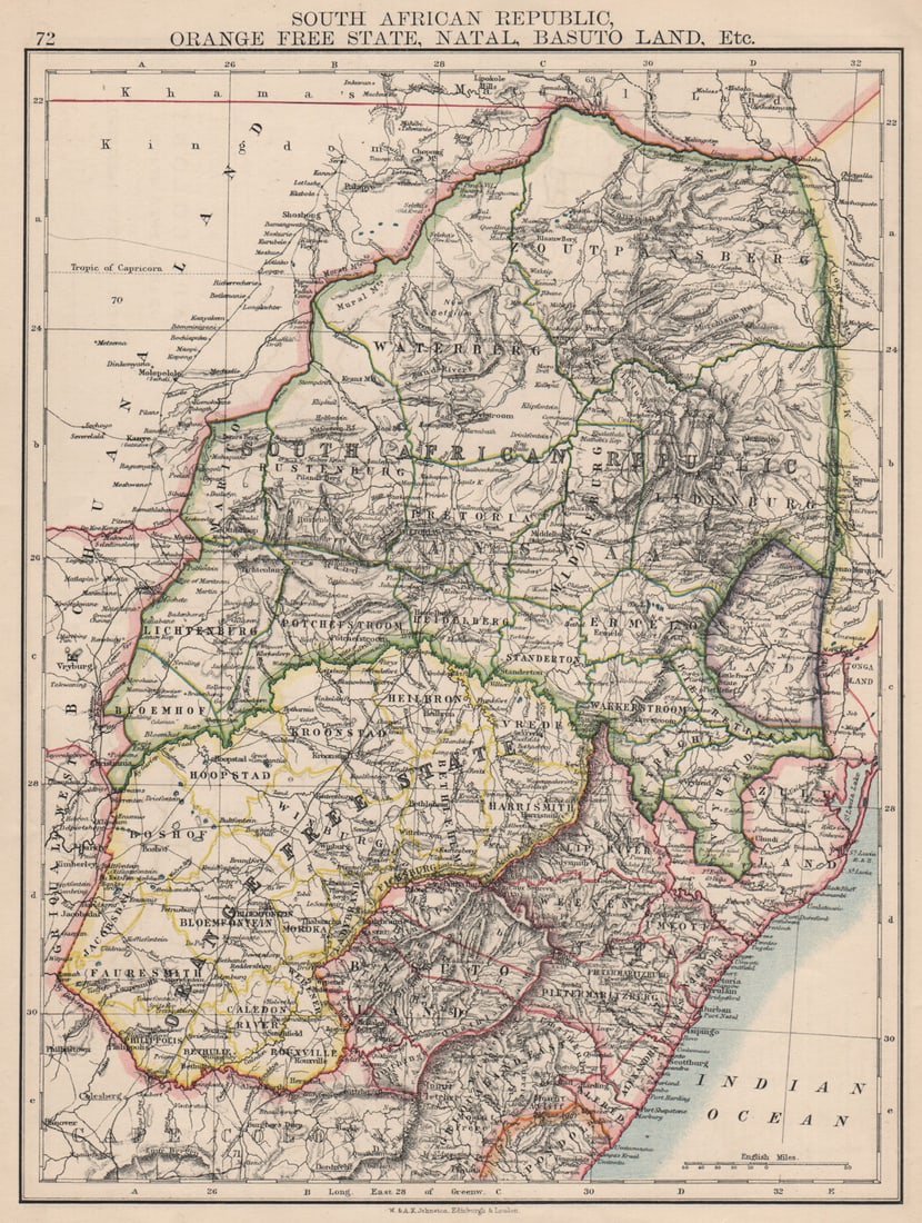 COLONIAL SOUTH AFRICA. Orange Free State Natal Basutoland SA Republic 1895 map: South African Republic, Orange Free State, Natal, Basuto Land, Etc.'. W. & A.K. Johnston, Limited, Edinburgh & London. Published 1895. Antique colour map. Size 27 x 21 cm | 10.5 x 8.0 inches. Conditio
