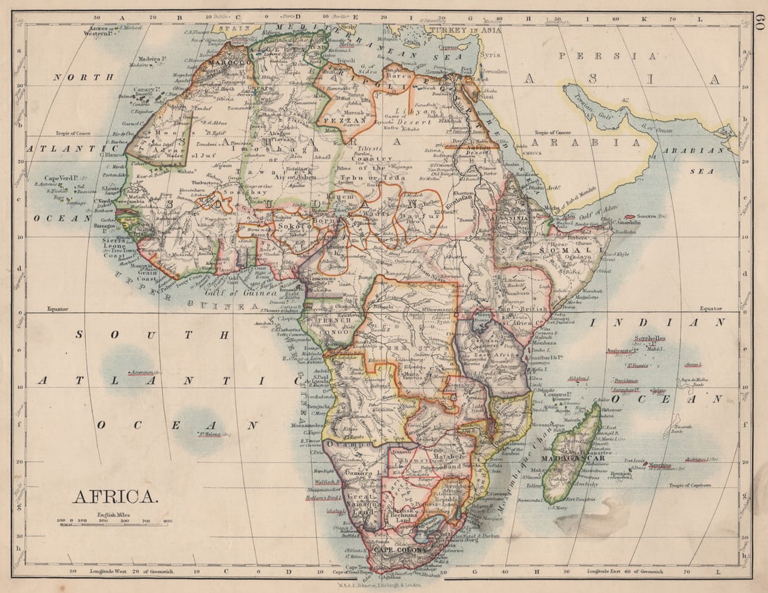 COLONIAL AFRICA. British East/Central/South Africa. Bechuanaland 1895 old map: Africa'. W. & A.K. Johnston, Limited, Edinburgh & London. Published 1895. Antique colour map. Size 20 x 26 cm | 8.0 x 10.0 inches. Condition: Good; suitable for framing. The image shown may have been