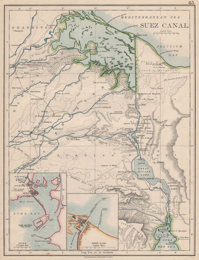 SUEZ CANAL. Plan of the canal. Plans of Suez & Port Said. JOHNSTON 1895 map: Suez Canal; Inset maps of Suez; Port Said'. W. & A.K. Johnston, Limited, Edinburgh & London. Published 1895. Antique colour map. Size 27 x 20 cm | 10.5 x 8.0 inches. Condition: Good; suitable for fram
