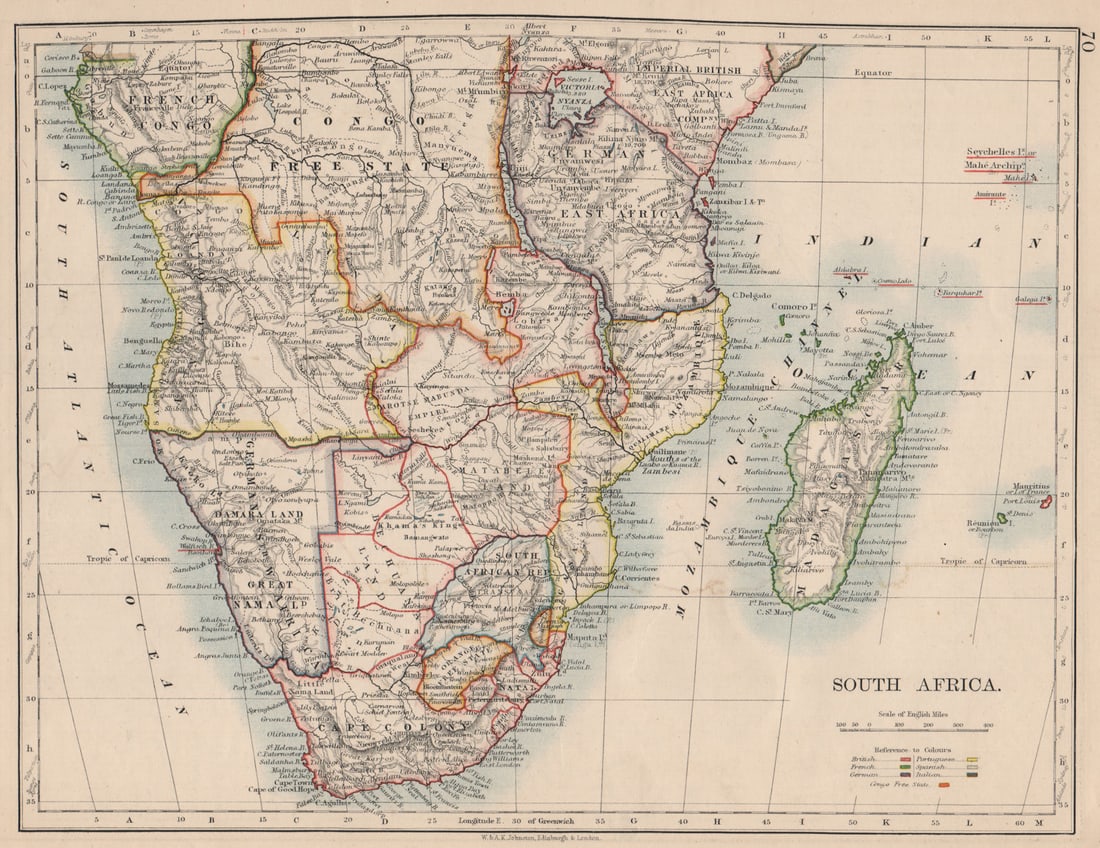 COLONIAL SOUTHERN AFRICA. German/British/Portuguese/French. JOHNSTON 1895 map: South Africa'. W. & A.K. Johnston, Limited, Edinburgh & London. Published 1895. Antique colour map. Size 21 x 27 cm | 8.0 x 10.5 inches. Condition: Good; suitable for framing. The image shown may have