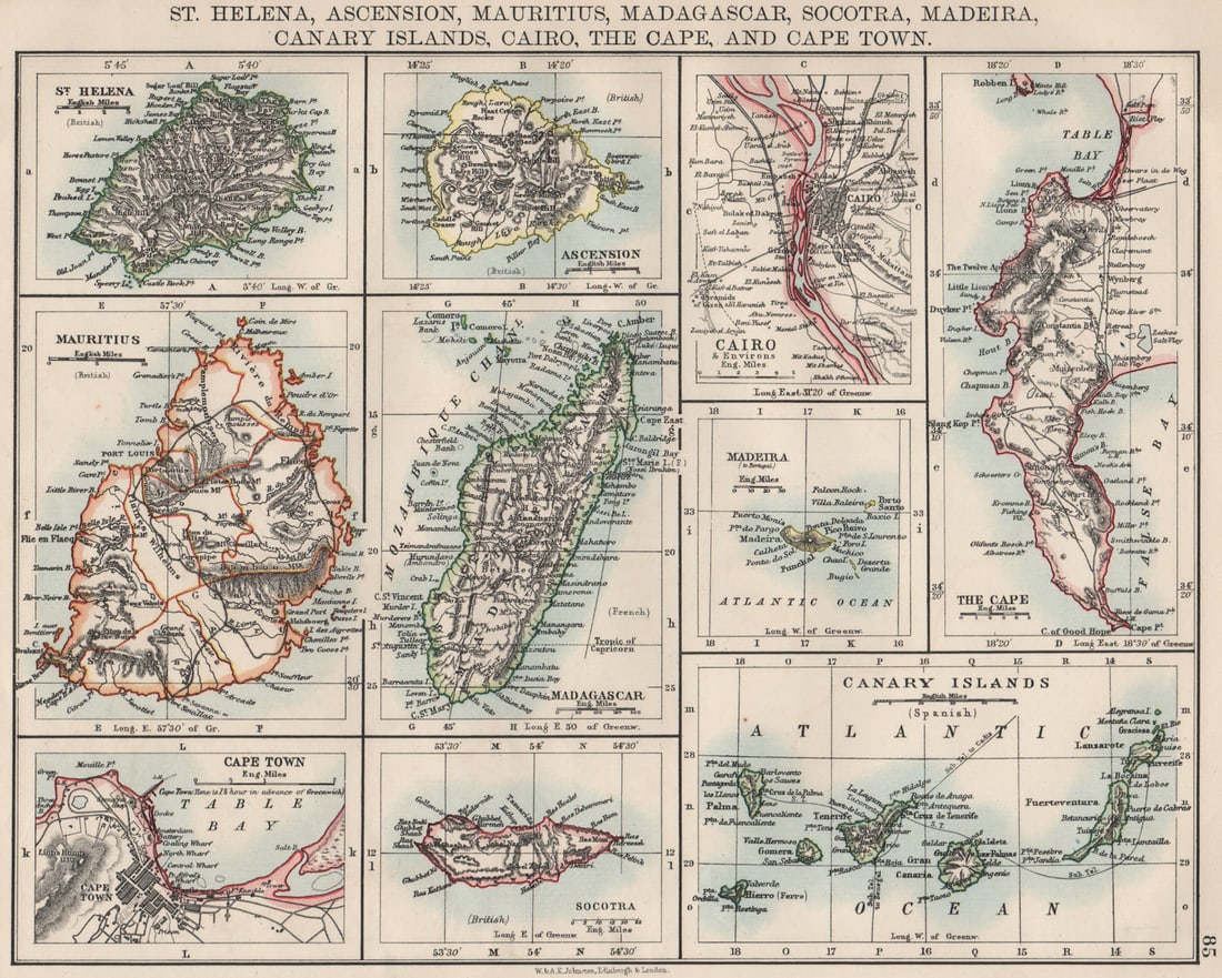 AFRICAN ISLANDS.Mauritius Madagascar Madeira Canaries St Helena 1900 old map: St. Helena, Ascension, Mauritius, Madagascar, Socotra, Madeira, Canary Islands, Cairo, The Cape, and Cape Town'. W. & A.K. Johnston, Limited, Edinburgh & London. Published 1900. Antique colour map. Si