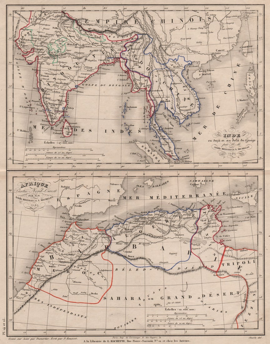 Afrique…Nord-Ouest' & 'Inde' by Meissas. N Africa India Singapore 1861 old map: Afrique Partie Nord-Ouest par MM. Achille Meissas et A. Michelot 1854; Inde en deçà et au delà du Gange par MM. Achille Meissas et A. Michelot 1854'. Achille Meissas et A. Michelot. Pub