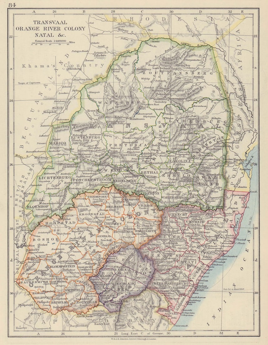 COLONIAL SOUTH AFRICA. Orange River Colony Natal Basutoland Transvaal 1910 map: Transvaal, Orange River Colony, Natal &c' by Johnston, W & AK. Published 1910. Colour antique map. Size 27 x 21 cm | 10.5 x 8.5 inches. Condition: Good; suitable for framing. The image shown may