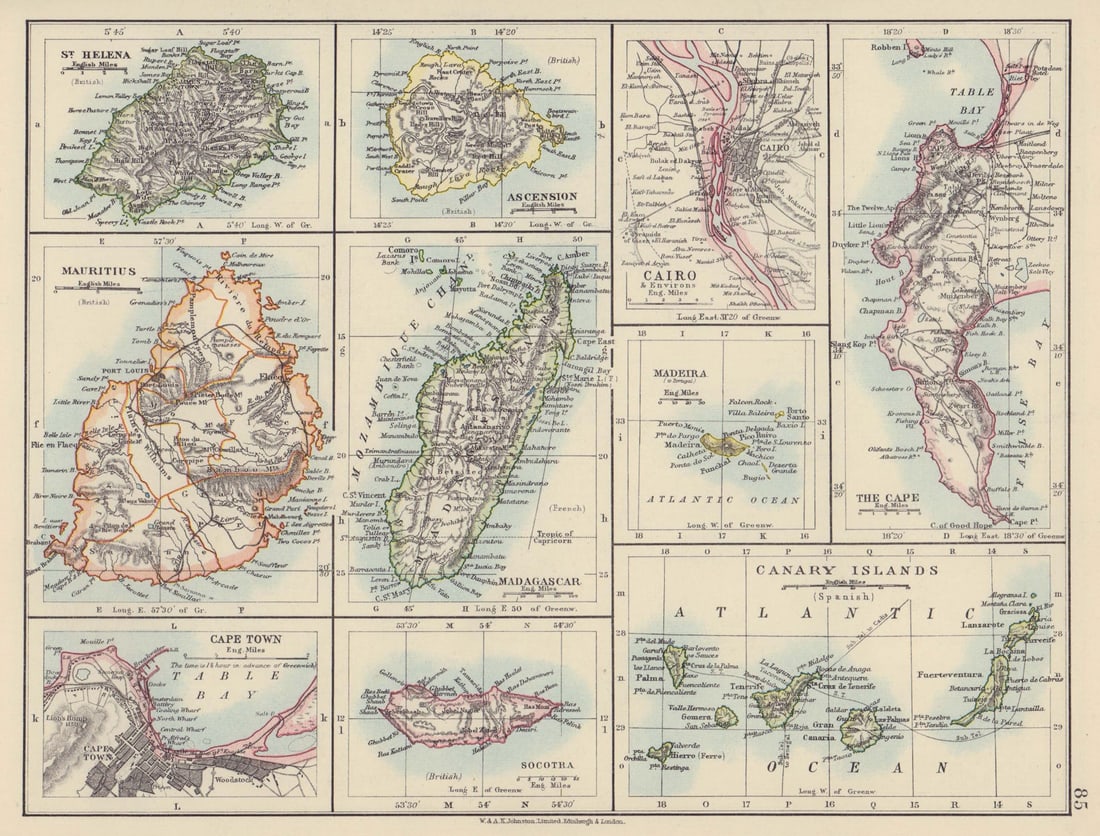 AFRICAN ISLANDS Mauritius Madagascar Madeira Canaries St Helena Socotra 1910 map: St. Helena, Ascension, Mauritius, Madagascar, Socotra, Madeira, Canary Islands., Cairo, The Cape, and Cape Town' by Johnston, W & AK. Published 1910. Colour antique map. Size 21 x 27 cm | 8.0 x 10.5 i