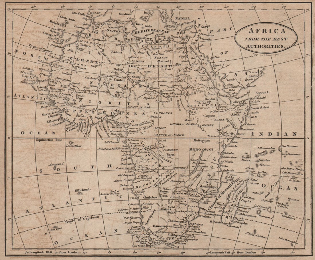 Africa from the best authorities by Richard Brookes 1812 old antique map chart: Africa from the best Authorities' by Brookes, Richard. Published 1812. Antique copperplate map. Size 20 x 25 cm | 8.0 x 9.5 inches. Condition: Good; suitable for framing. Tight top margin. The top rig