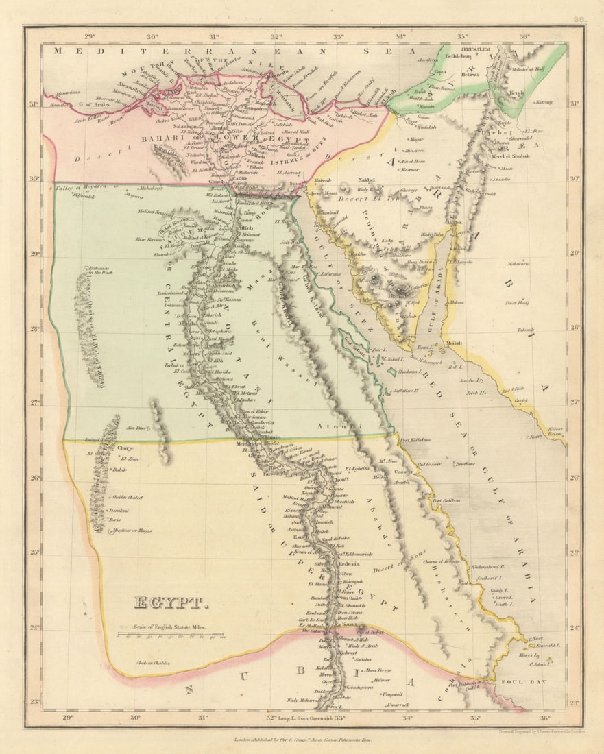 Egypt by John Dower. Nile Valley & Red Sea 1845 old antique map plan chart: Egypt' by Dower, John. Published 1845. Antique map with original hand colouring. Size 28 x 22 cm | 11.0 x 8.5 inches. Condition: Good; suitable for framing. Please check the scan for any blemishes pri