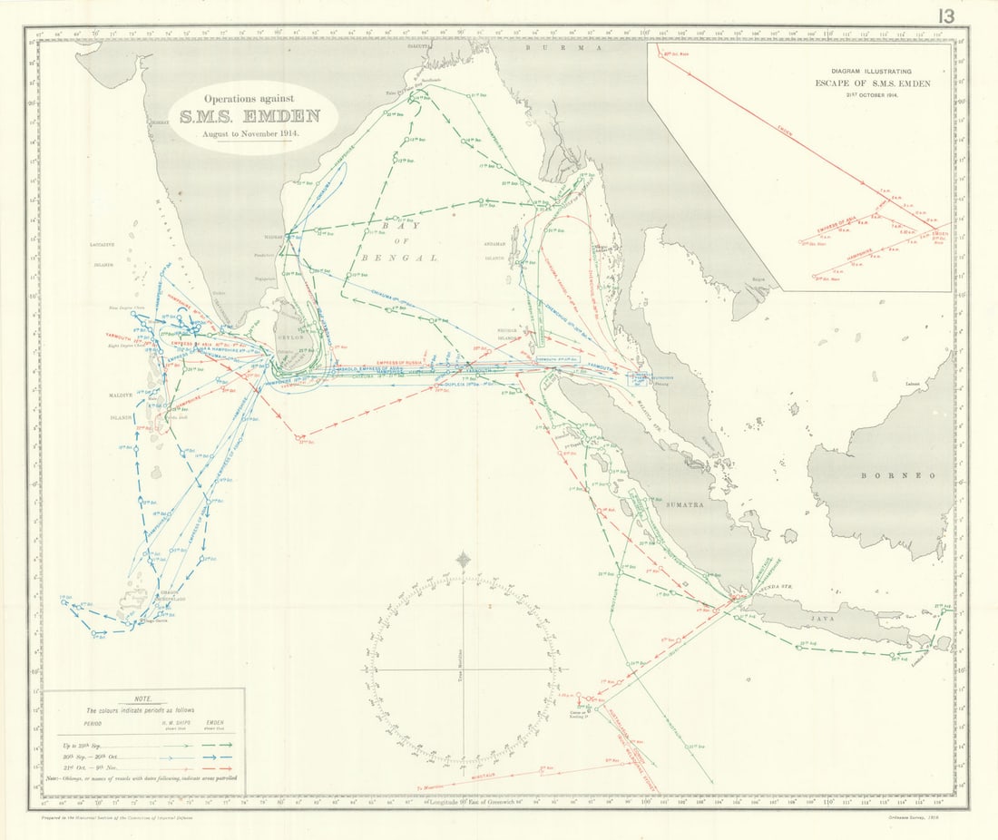 Pursuit of SMS Emden August-Nov 1914. Indian Ocean. First World War. 1920 map: Operations against S. M. S. Emden August to November 1914 [Battle of Cocos]. Map compiled by Sir Julian Stafford Corbett. Published by Ordnance Survey 1919. Published 1920. Antique military history ma