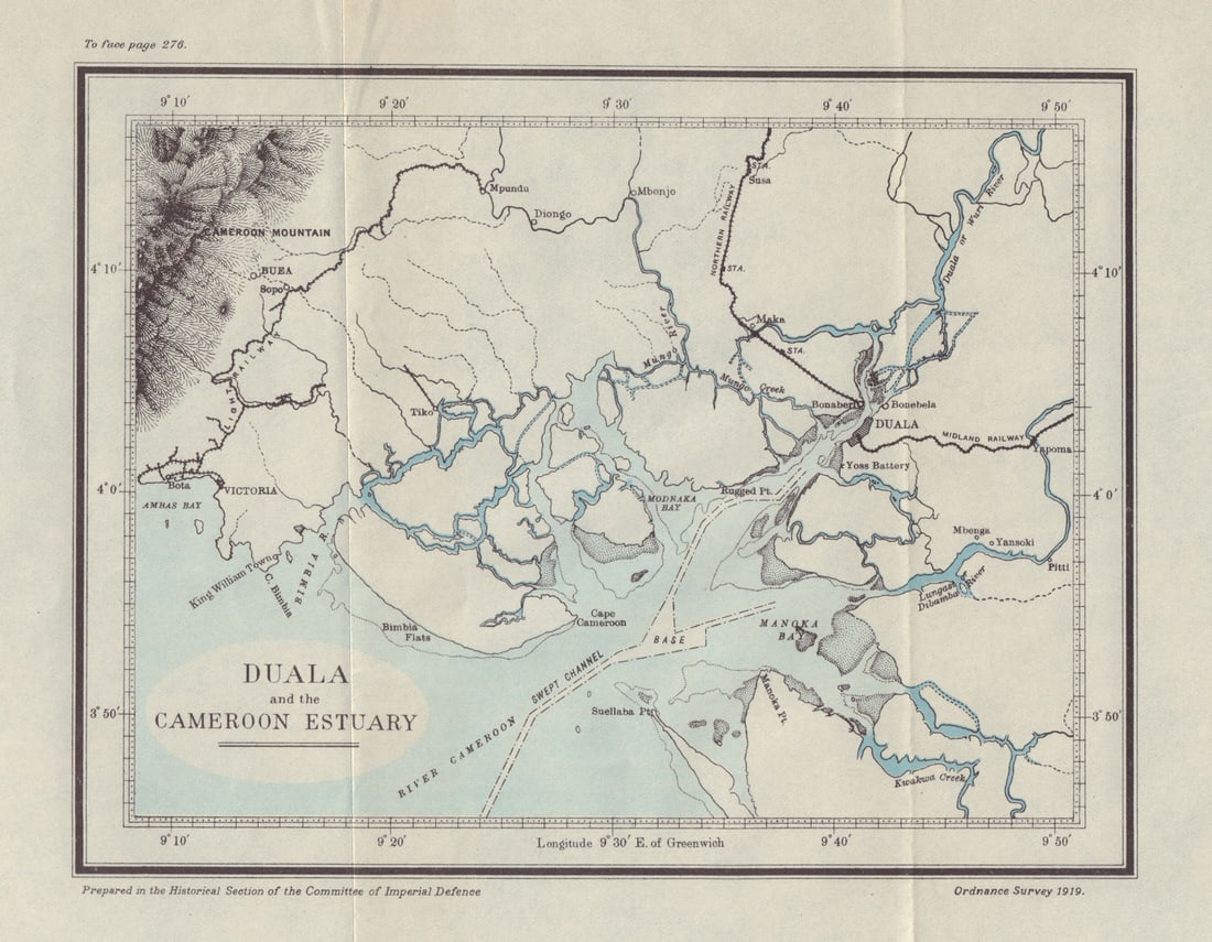 Duala & the Cameroon Estuary. Kamerun Campaign. 1914. First World War. 1920 map: Duala and the Cameroon Estuary [Kamerun Campaign]. Map compiled by Sir Julian Stafford Corbett. Published by Ordnance Survey 1919. Published 1920. Antique military history map. Size 18 x 23 cm | 7.0 x