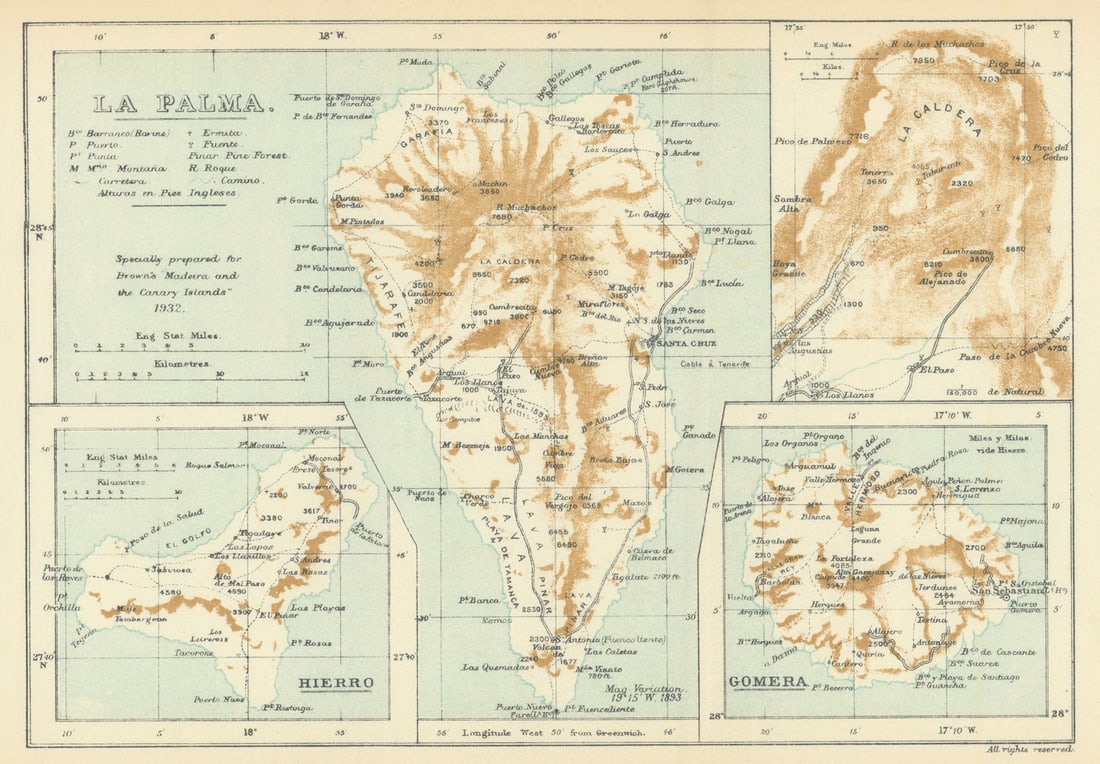 Canary Islands. La Palma, with crater. Hierro. Gomera. SAMLER BROWN 1932 map: La Palma, with Map of the Great Crater // Hierro // Gomera' by Brown, Alfred Samler. Published 1932. Vintage colour tourist map. Size 18 x 26 cm | 7.0 x 10.0 inches. Condition: Good; suitable for fram