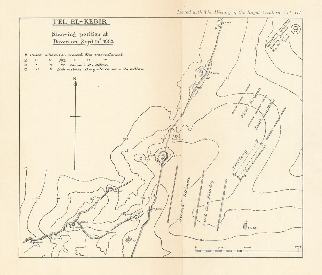 Battle of Tel El-Kebir 1882. Dawn. Anglo-Egyptian War. Royal Artillery 1937 map: Tel El-Kebir shewing position at Dawn on Sept 13th 1882 [Anglo-Egyptian War, Egypt] by Anonymous. Published 1931-1937. Antique sketch map. Size 19 x 23 cm | 7.5 x 9.0 inches. Condition: Good; suitable