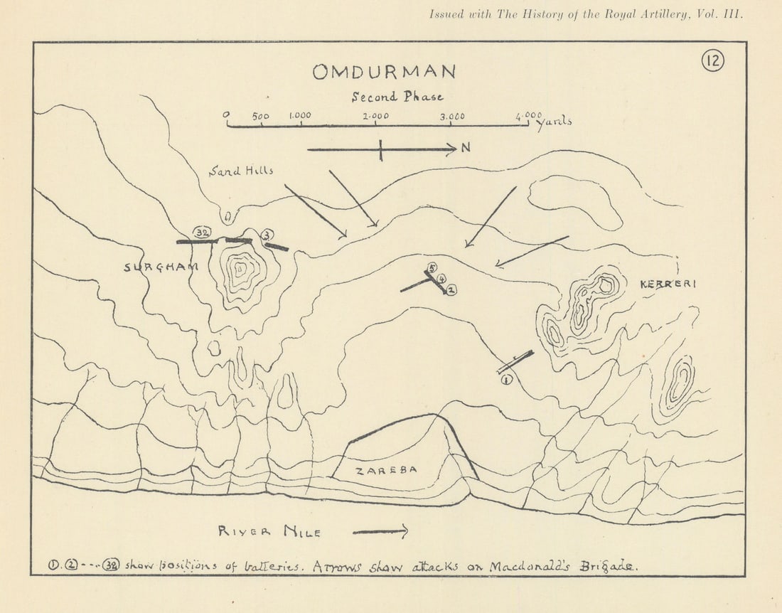 Battle of Omdurman 1898. Mahdist War. Sudan. Royal Artillery 1937 old map: Omdurman. Positions of batteries. Arrows show attacks on MacDonald's Brigade [Mahdist War, Sudan] by Anonymous. Published 1931-1937. Antique sketch map. Size 17 x 22 cm | 6.5 x 8.5 inches. Condition: