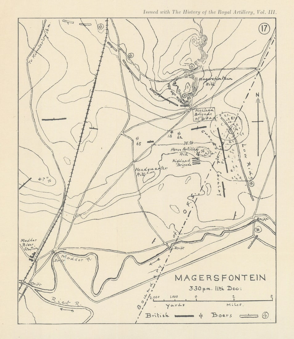 Battle of Magersfontein 1899 2nd Boer War South Africa. Royal Artillery 1937 map: Magersfontein 3.30pm 11th Dec [1899] [Second Boer War, South Africa] by Anonymous. Published 1931-1937. Antique sketch map. Size 22 x 19 cm | 8.5 x 7.5 inches. Condition: Good; suitable for framing. P